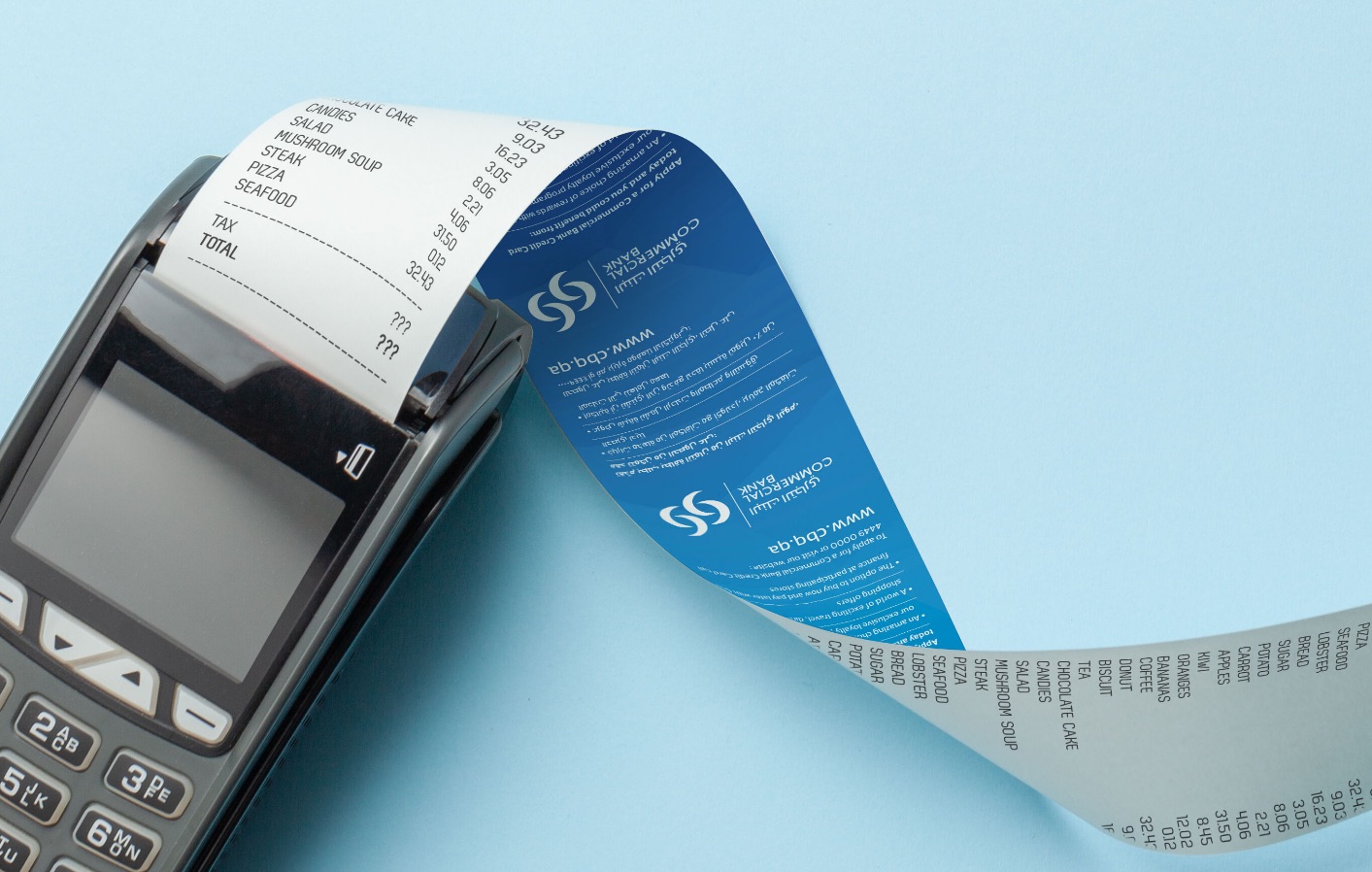Card payment terminal printing a receipt carrying a Commercial Bank credit card offer