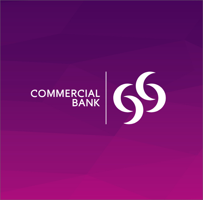 Commercial Bank bilingual logotype locked to the four-crescent symbol on a magenta gradient