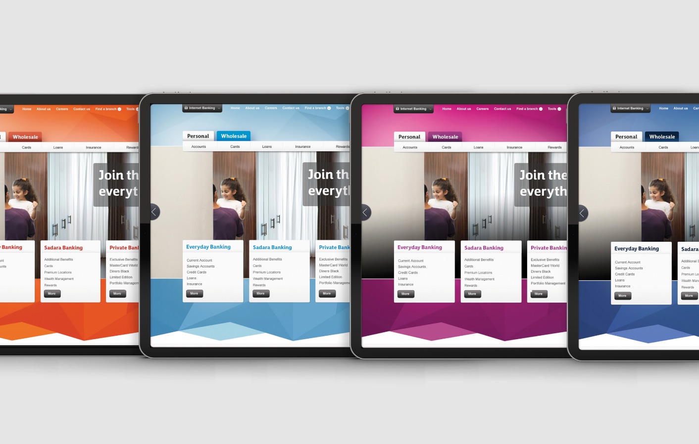 Commercial Bank website shown on tablets in four palette variations drawn from the Qatari sky