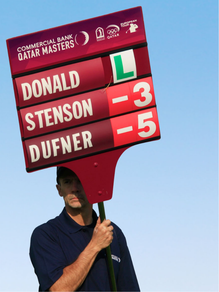 Commercial Bank Qatar Masters walking scoreboard carried by a course volunteer